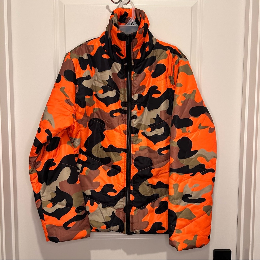 Orange and Black Puffer Jacket with Camouflage Pattern